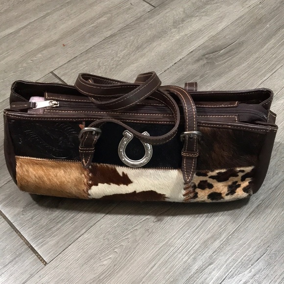 American West Brown Leather & Patchwork Pony Hair w/ Engraved Horseshoe Handbag - Picture 1 of 16